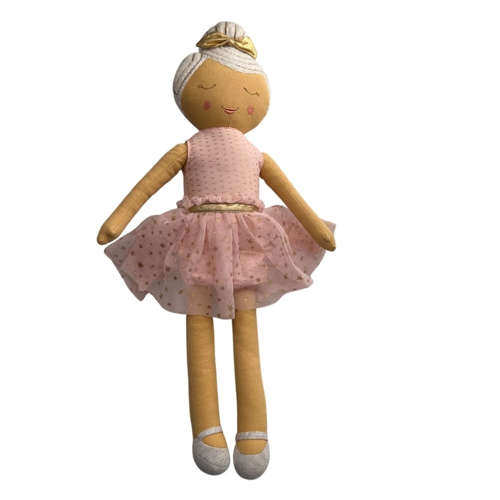 Handmade Ballerina Cloth Doll With Gold Accents & Pink Starry Tutu 22" Decor